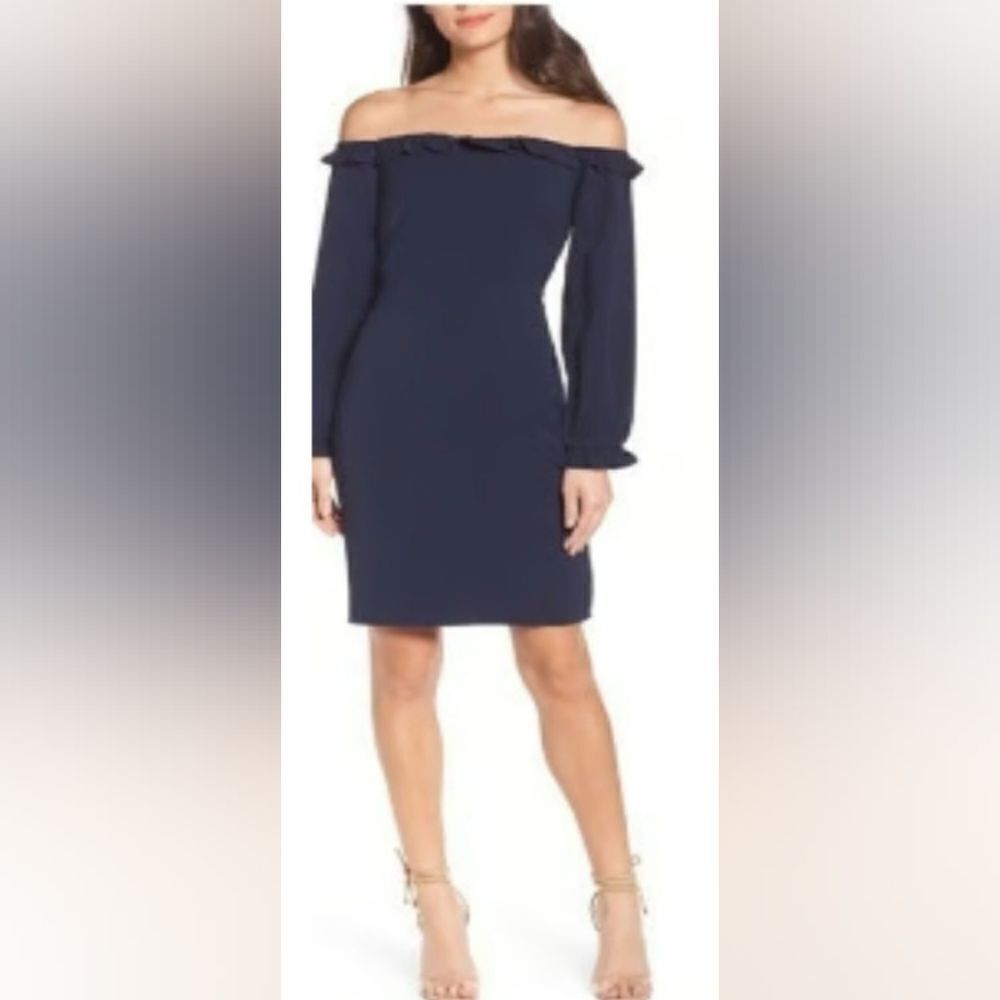 Chelsea 28 Off the Shoulder Long Sleeve Sheath Dress NWOT size XS Navy Blue